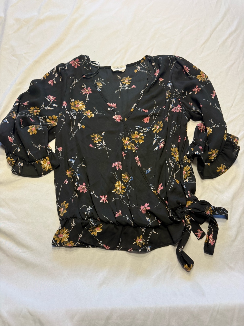 Sienna Sky Black Floral Wrap Top with Pink & Mustard Blooms